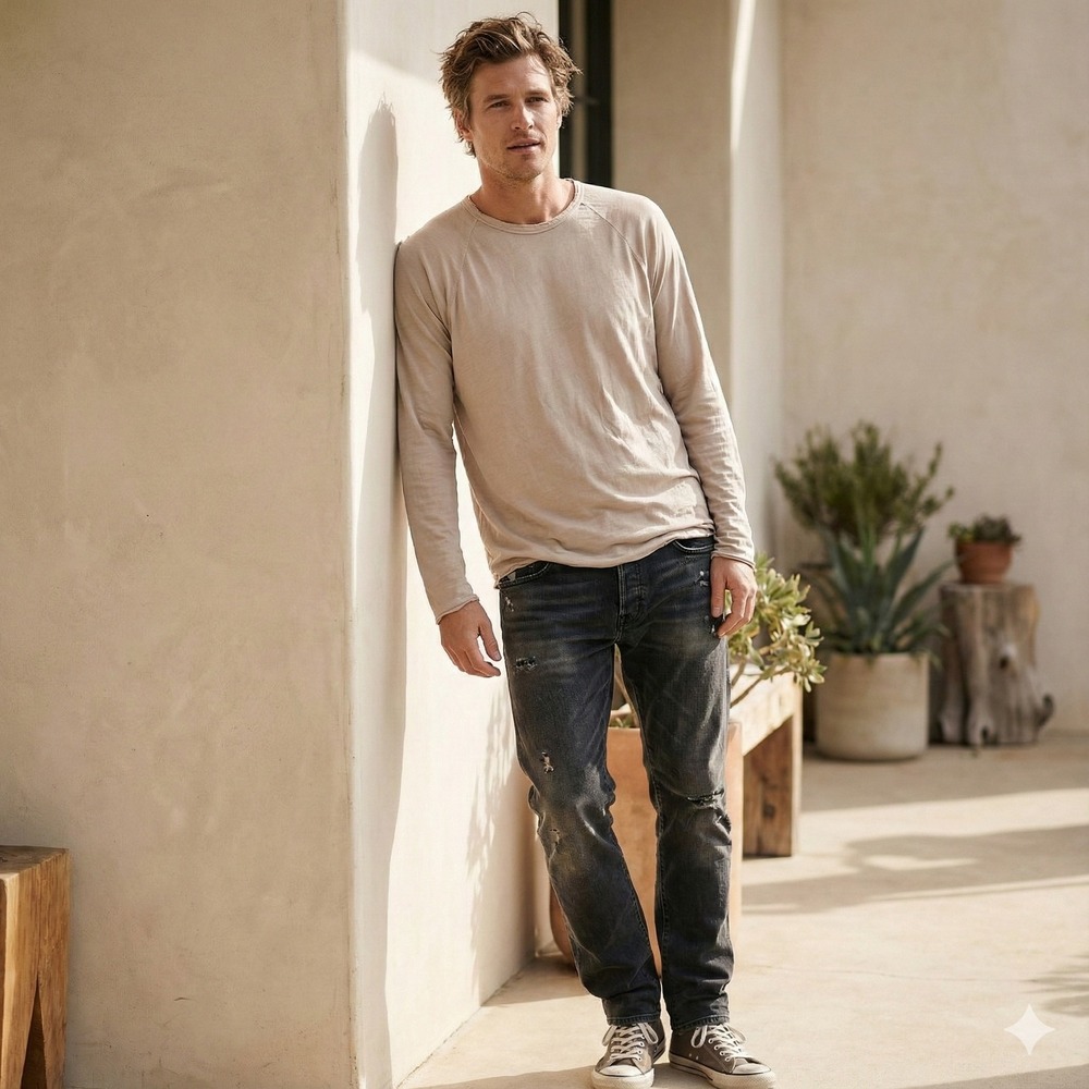James Perse Layered T-Shirt Mens 1 Small Taupe Tan Long Sleeve‎ Crew Neck Cotton